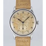 A GENTLEMAN'S LARGE SIZE STAINLESS STEEL OMEGA WRIST WATCH CIRCA 1939 Movement: 15J, manual wind,