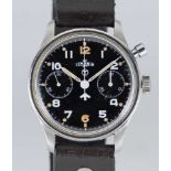 A GENTLEMAN'S STAINLESS STEEL BRITISH MILITARY ROYAL NAVY LEMANIA SINGLE BUTTON CHRONOGRAPH WRIST