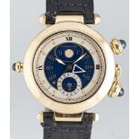 A RARE GENTLEMAN'S SIZE 18K SOLID GOLD CARTIER PASHA MOONPHASE CALENDAR ALARM WRIST WATCH CIRCA