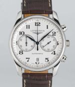A GENTLEMAN'S STAINLESS STEEL LONGINES MASTER COLLECTION AUTOMATIC CHRONOGRAPH WRIST WATCH DATED