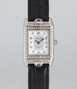 A FINE LADIES 18K SOLID WHITE GOLD, DIAMOND & SAPPHIRE JAEGER LECOULTRE JOAILLERIE REVERSO WRIST