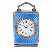 A SOLID SILVER & GUILLOCHE ENAMEL 8 DAY CARRIAGE CLOCK  CIRCA 1900 Movement: Manual wind with