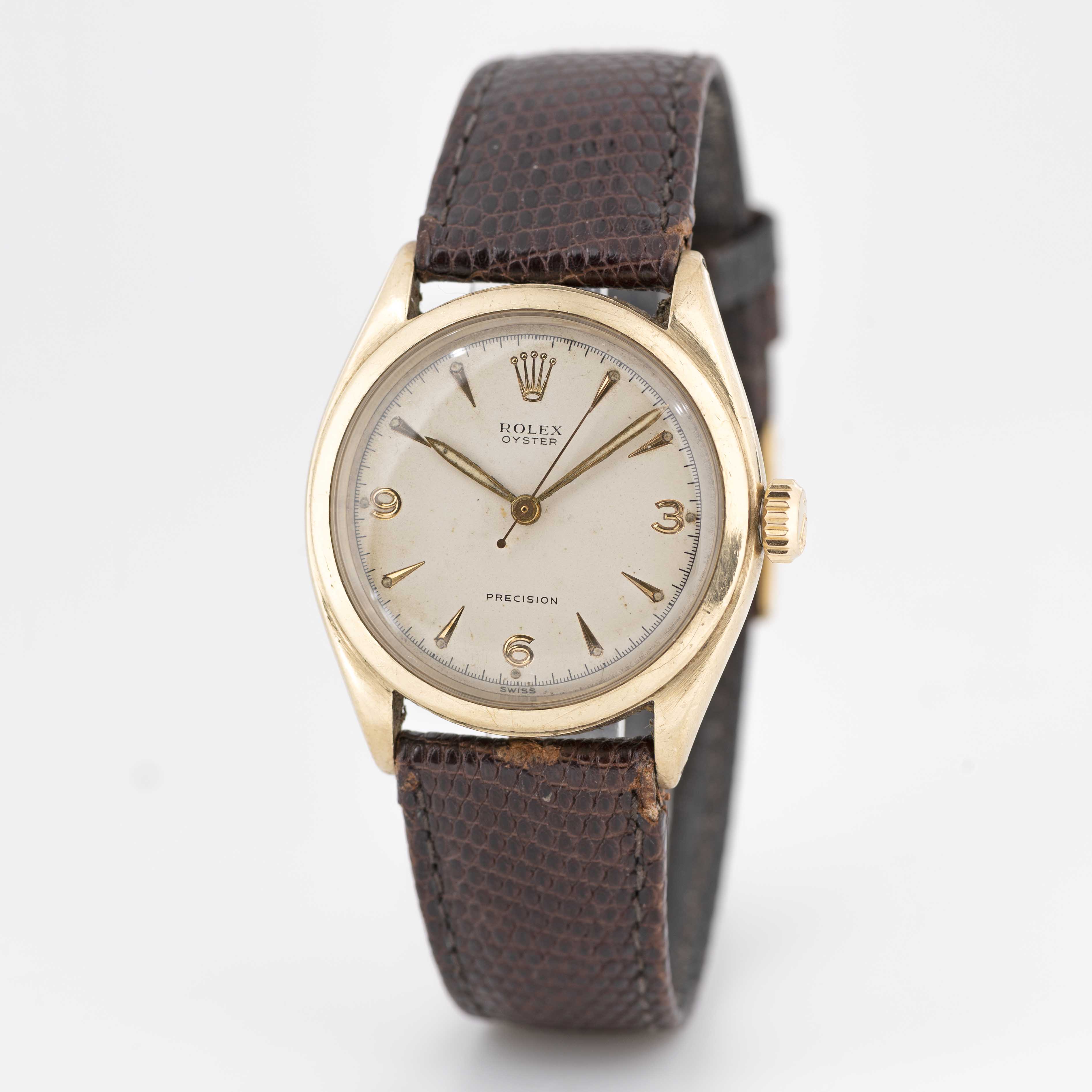 A RARE GENTLEMAN'S 10K SOLID GOLD ROLEX OYSTER PRECISION WRIST WATCH CIRCA 1952, REF. 6022 WITH 3- - Image 4 of 9