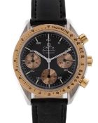 A GENTLEMAN'S SIZE STEEL & GOLD OMEGA SPEEDMASTER REDUCED AUTOMATIC CHRONOGRAPH BRACELET WATCH CIRCA