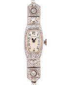 A FINE LADIES PLATINUM, WHITE GOLD & DIAMOND ROLEX BRACELET WATCH CIRCA 1930 Movement: 15J, manual