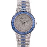 A FINE 18K SOLID WHITE GOLD, DIAMOND & SAPPHIRE DELANEAU BRACELET WATCH CIRCA 1990s WITH ORIGINAL