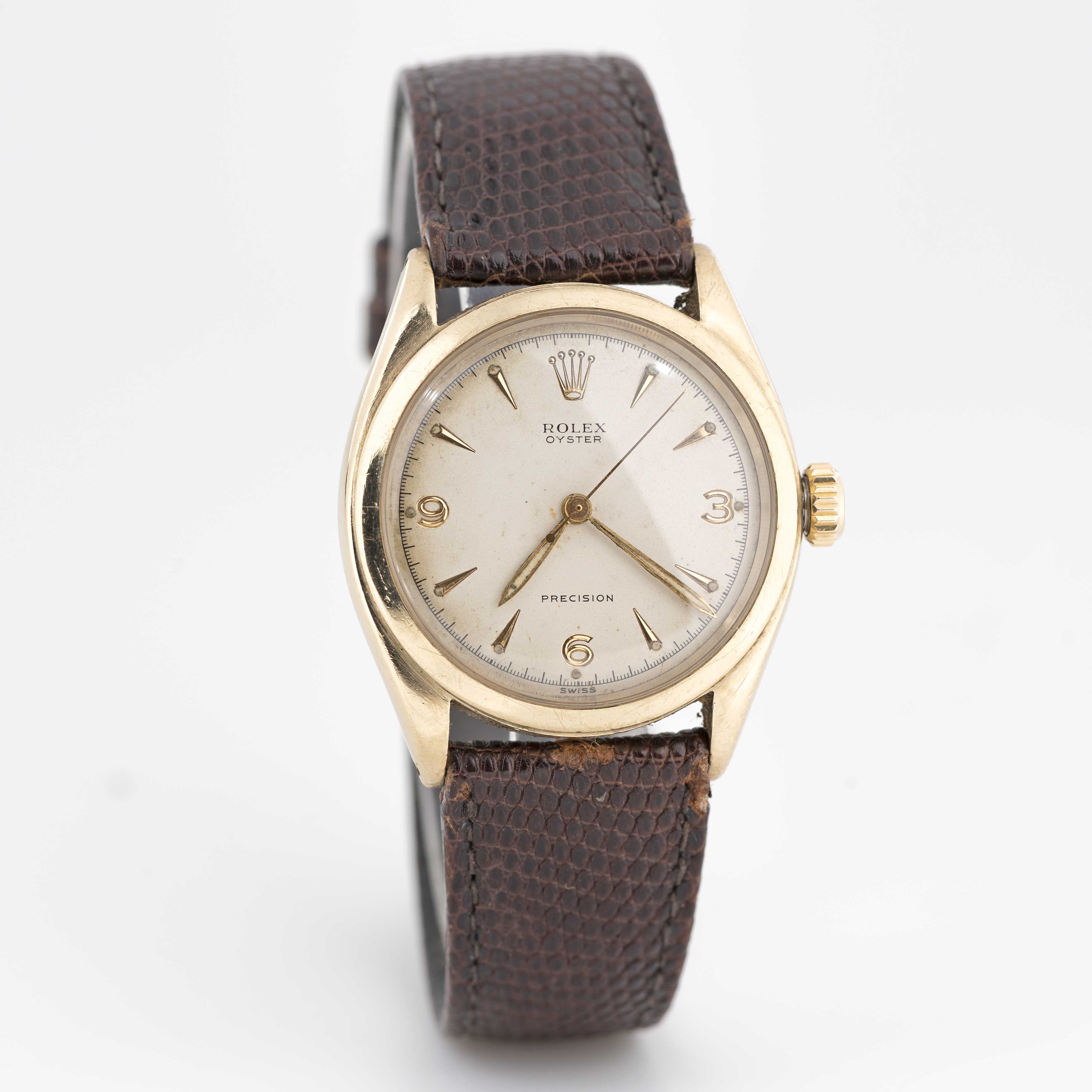 A RARE GENTLEMAN'S 10K SOLID GOLD ROLEX OYSTER PRECISION WRIST WATCH CIRCA 1952, REF. 6022 WITH 3- - Image 5 of 9