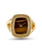 A RARE 18K SOLID GOLD BUECHE GIROD RING WATCH CIRCA 1970s, WITH TIGERS EYE STONE DIAL Movement: 17J,