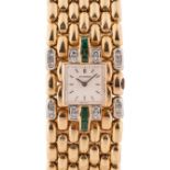 A FINE LADIES LARGE 18K SOLID GOLD DIAMOND & EMERALD BRACELET WATCH CIRCA 1950s, DIAL SIGNED