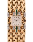 A FINE LADIES LARGE 18K SOLID GOLD DIAMOND & EMERALD BRACELET WATCH CIRCA 1950s, DIAL SIGNED