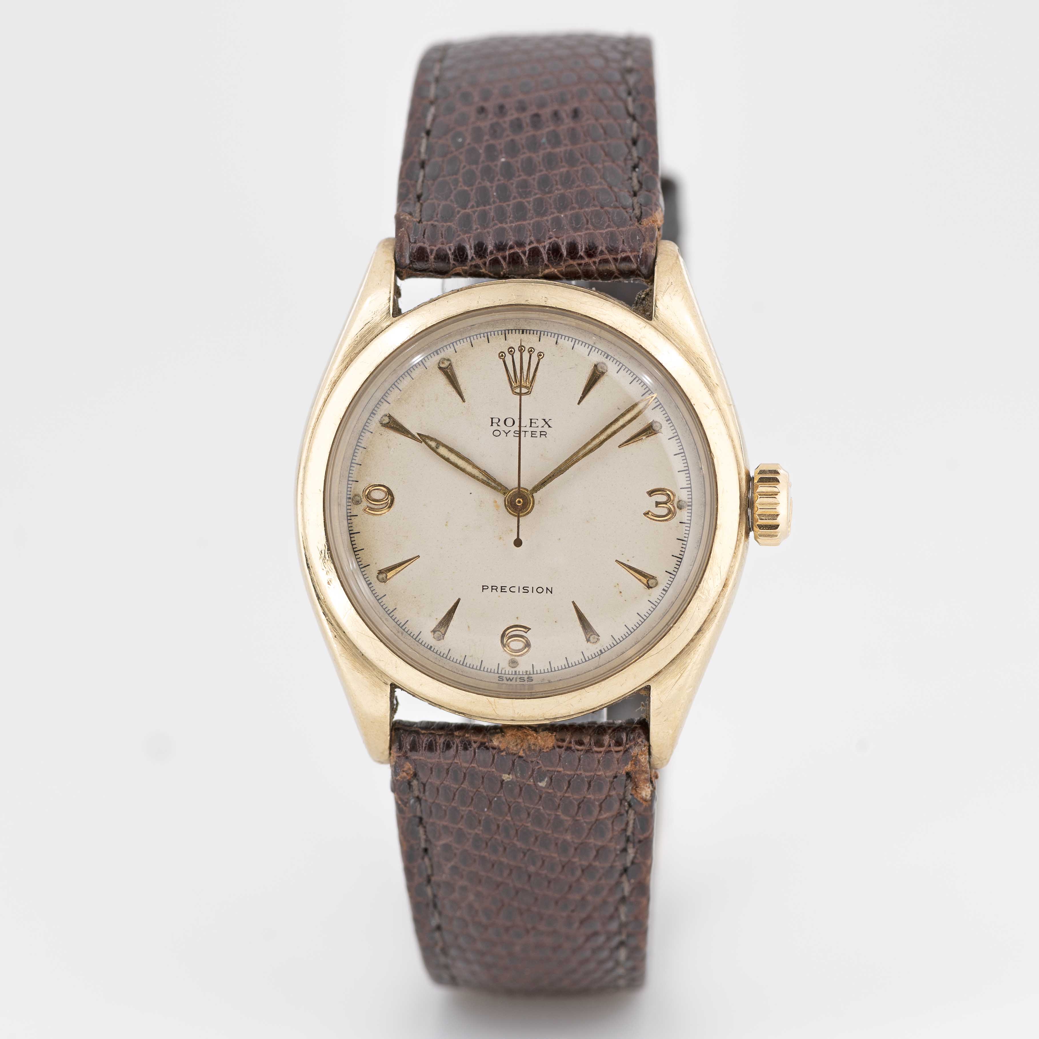 A RARE GENTLEMAN'S 10K SOLID GOLD ROLEX OYSTER PRECISION WRIST WATCH CIRCA 1952, REF. 6022 WITH 3- - Image 3 of 9