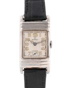 A GENTLEMAN'S SIZE SOLID SILVER RECTANGULAR OMEGA WRIST WATCH CIRCA 1930 Movement: 15J, manual wind,