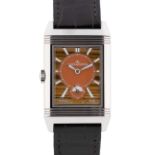 A RARE GENTLEMAN'S SIZE STAINLESS STEEL JAEGER LECOULTRE ATELIER REVERSO DUOFACE TRAVEL TIME WRIST