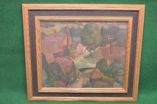 HJ Lee, oil on canvas of a village scene with trees, signed bottom left, in glazed oak and gilt