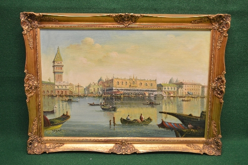 Tierno, oil on canvas of a Venetian scene with boats on the water and St Marks Square beyond, signed