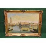 Tierno, oil on canvas of a Venetian scene with boats on the water and St Marks Square beyond, signed