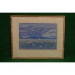 Eva R (?) monogrammed ER coloured original print of seagulls in flight over the sea with mountains