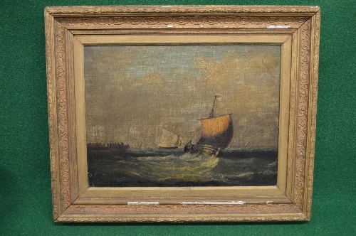 J Ray, circa 1900, oil on canvas of ships in rough seas, signed bottom right in unglazed gilt