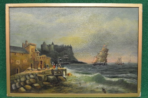 Unsigned oil on canvas of ships off the coast with figures and buildings along the shoreline, in