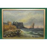 Unsigned oil on canvas of ships off the coast with figures and buildings along the shoreline, in