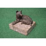 Bronze figure of a recumbent fox on a square grey marble base - 3.25" wide Please note