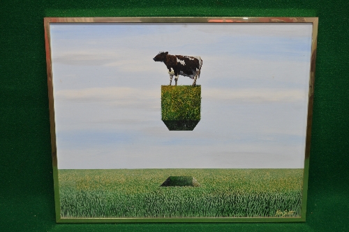 Kim Scott, oil on board of a cow elevated on a cube of grass, in unglazed metal frame - 29.5" x 23.