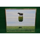 Kim Scott, oil on board of a cow elevated on a cube of grass, in unglazed metal frame - 29.5" x 23.