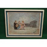 Moretti, oil on canvas of three clowns playing musical instruments in front of horse drawn cart,