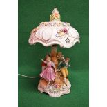 Large porcelain figural table lamp having floral decorated porcelain shade with pierced panels