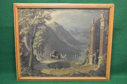 Leigh Pemberton, oil on board of horse and carriage leaving a manor and heading towards mountains,