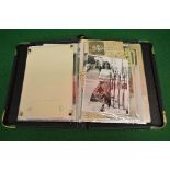 Folio containing a quantity of signed pictures and newspaper articles etc relating to various