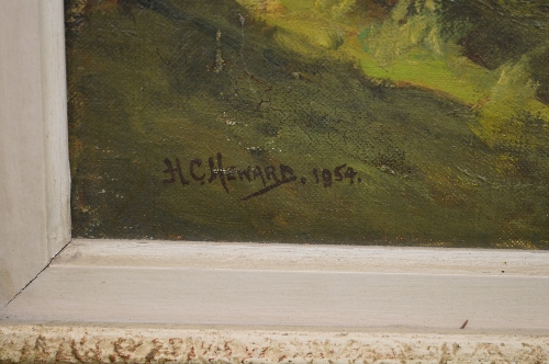 H C Heward, oil on canvas of a farm with haystacks and trees, signed bottom left and dated 1954, - Image 2 of 2