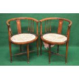 Pair of mahogany tub chairs having inlaid back panel and turned spindles over upholstered seat,