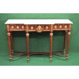 Late 20th century mahogany marble topped breakfront console table having gilt metal mounts and