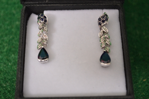 Pair of 9ct white gold diamond and sapphire set drop earrings (gross weight 3gms) Please note