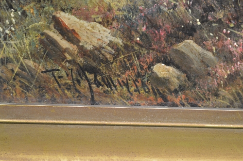 Indistinctly signed oil on board of a landscape setting, signed bottom left, in unglazed gilt - Image 2 of 2