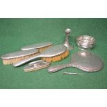 Group of silver items to comprise: dressing table set of hand mirror, two clothes brushes, hair