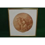 F Bartolozie, sepia engraving of a semi nude lady and cherub seated on rocks, in glazed gilt frame -