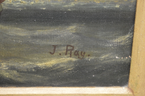 J Ray, circa 1900, oil on canvas of ships in rough seas, signed bottom right in unglazed gilt - Image 2 of 2