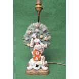 Figural table lamp having figure of a lady collecting flowers with a recumbent sheep by her feet and