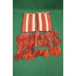 Large woven grain sack having orange and black woven pattern with tassels - 28.5" wide Please note