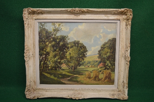 H C Heward, oil on canvas of a farm with haystacks and trees, signed bottom left and dated 1954,