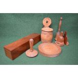 Quantity of treen items to include: bookends, salt box and circular mould etc Please note