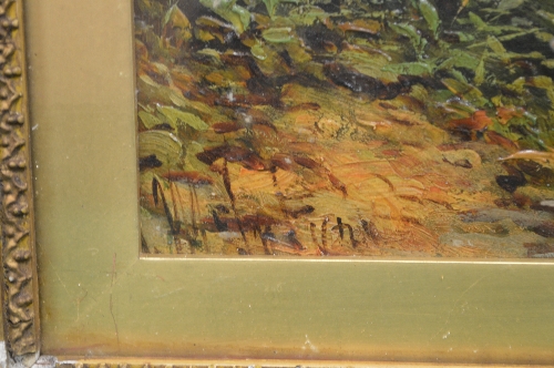 Indistinctly signed oil on board of figures on a waters edge with hills beyond, signed bottom - Image 2 of 2