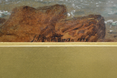 JA Buchanan, oil on board of a ship at sea with figures on a shoreline, signed and dated bottom - Image 2 of 2