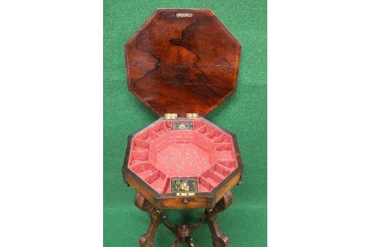 19th century rosewood work table having octagonal top lifting to reveal fitted interior of - Image 2 of 2