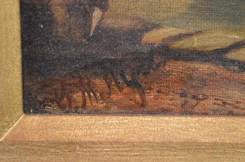 Oil on canvas of a ship and lighthouse in rough sea, initialled bottom right MGD, in unglazed gilt - Image 3 of 3