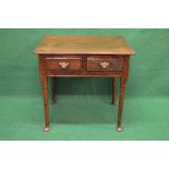 Period oak two drawer side table the top having moulded edge over two short drawers with brass