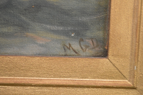 Oil on canvas of a ship and lighthouse in rough sea, initialled bottom right MGD, in unglazed gilt - Image 2 of 3