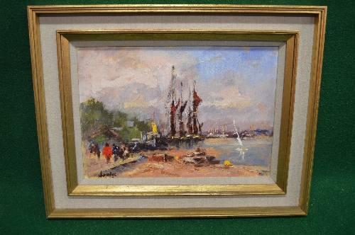 W Davies, oil on canvas of moored fishing boats, signed lower left, in unglazed gilt frame - 19.5" x